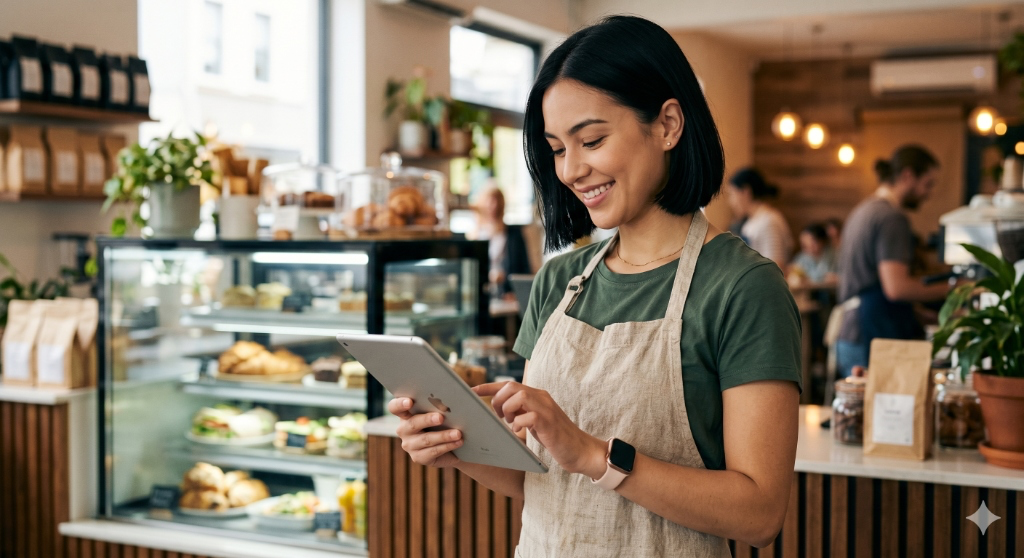 Smiling female supermarket clerk next to fresh products